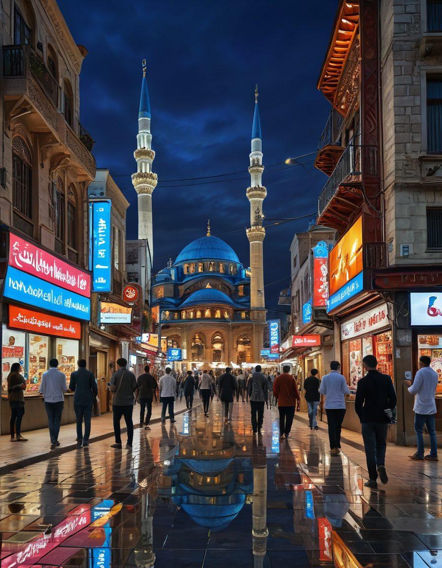 A bustling Turkish street scene showcasing diverse people engaging with digital news on their devices, vibrant billboards highlighting current events, and traditional elements like mosques in the background. Infused with dynamic movement and a sense of community, exploring the intersection of modern technology and rich culture. super-realistic. vibrant colors. urban backdrop.