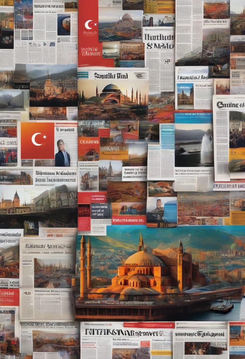 A vibrant collage depicting Turkey's diverse media landscape, featuring traditional newspaper stands, digital news websites on smartphones, and satellite imagery of the country. Incorporate iconic Turkish landmarks like Hagia Sophia and the Bosphorus Bridge in the background, symbolizing the blend of local and global perspectives. Use a dynamic color palette to showcase the energy of news reporting and communication. super-realistic. vibrant colors. 3D.