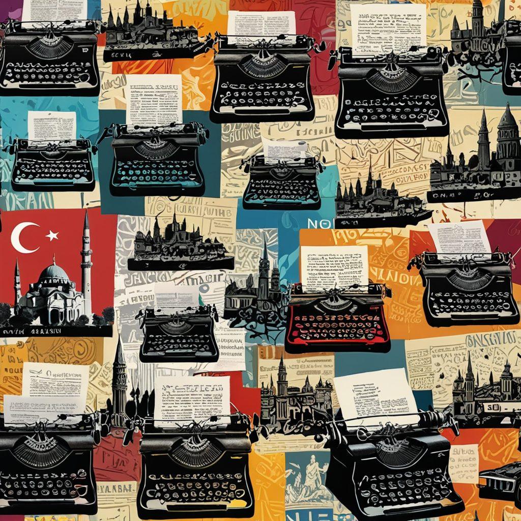 A collage depicting the evolution of journalism in Turkey, featuring vintage typewriters, modern newsrooms with journalists at work, and the digital landscape of online news, interspersed with iconic Turkish landmarks. The background should reflect a seamless transition from past to present, symbolizing the transformation of media. Include a diverse group of journalists representing various demographics. painting. vibrant colors.